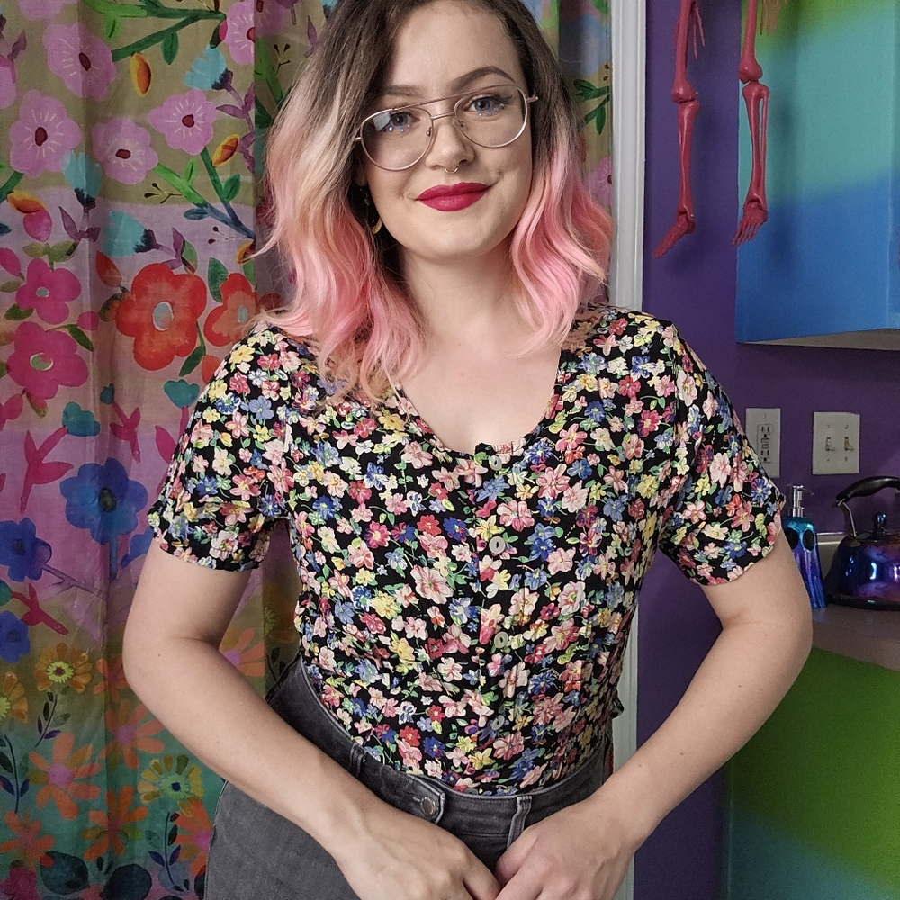 Vintage Floral Cropped Button Up Shirt Multicolor Retro Grandma